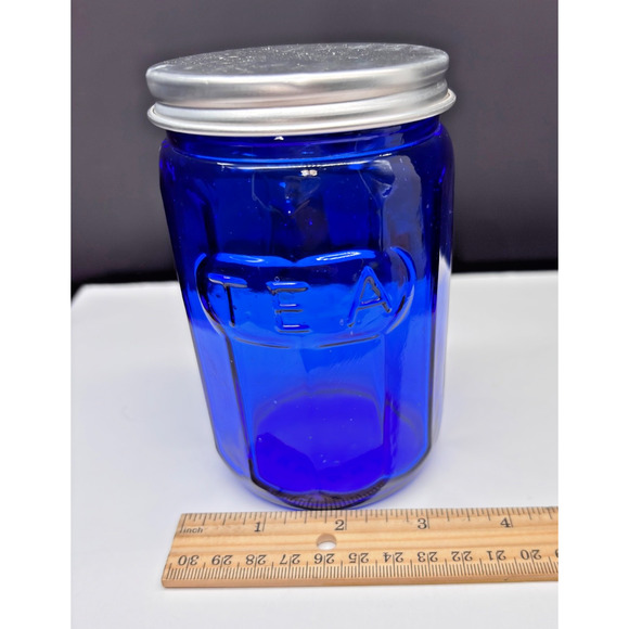 Hoosier Cabinet Style Cobalt Blue Glass Embossed TEA Jar With Metal Screw Lid - Picture 11 of 13